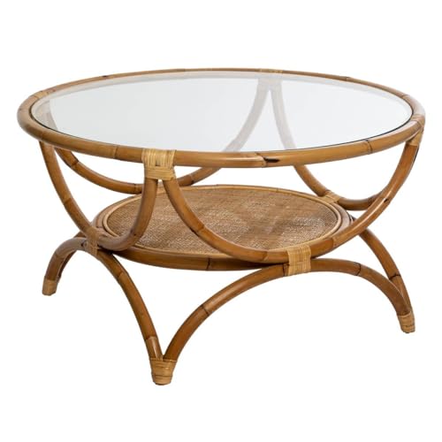 Atmosphera - Table Basse Ronde Farah - Rotin et Verre - D. 91 x H 51 cm, Double Plateau - pour Salon, Véranda