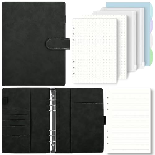 SKYDYE A5 6 Ring Binder - 135 Sheet Refill Paper, A5 Ring Binder Notebook with Pockets and Dividers for School Notes and Travel Diaries (Black)