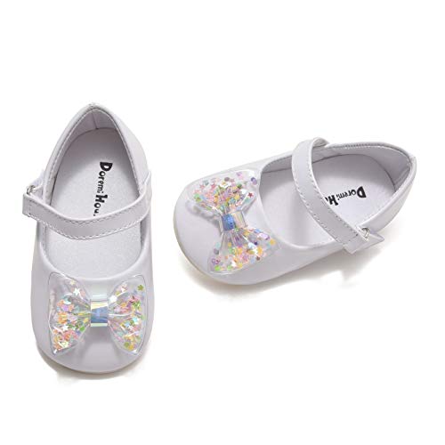 Comway Infant Toddler Mary Jane Ballerina Flats Shoes Non-Slip Bowknot Princess Party Dress Shoes Size 1-5?D4-White,4 Toddler?