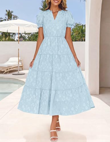 Image of ZESICA Womens Summer Floral Flowy Midi Dress 2026 Puff Short Sleeve V Neck Ruffle Tiered Beach Vacation Party Dresses
