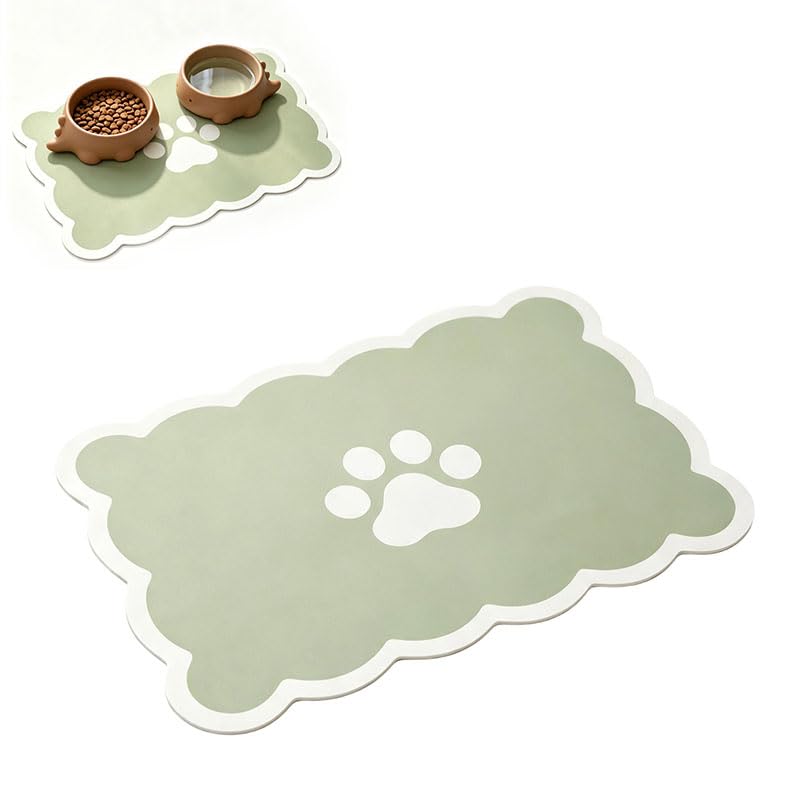 Absorbent Pet Feeding Mat for Dog Cat Bowls, Quick-Dry Non-Slip Rubber Backing Mat, Washable Scalloped Edge Leather Food Mat, Protects Floors from Spills & Messy Drinkers, L