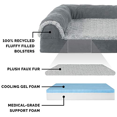 Image of Furhaven Cooling Gel Dog Bed for Medium /Small Dogs w / Removable Bolsters & Washable Cover, For Dogs Up to 35 lbs - Two-Tone Plush Faux Fur & Suede L Shaped Chaise - Stone Gray, Medium
