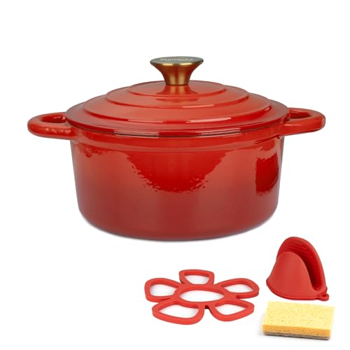 Parmedu Caçarola de ferro fundido esmaltado 2,5 l: Panela holandesa resistente com tampa e alças vermelhas, acessórios de silicone e esponja, ideal para guisar, cozinhar a vapor, assar e assar