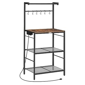 Bakers Rack with Charging Station, Microwave Stand with 6 S-Shaped Hooks, 4-Tier Storage Rack, Practical Coffee Bar, for Kitchen, Dining Room, Rustic Brown BRHR35E01