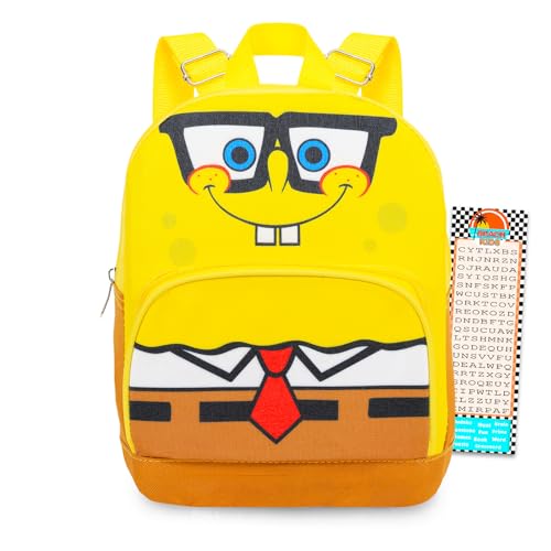 Spongebob Mini Backpack - 10' Iconic Woven Small Backpack with Front Pocket and Bookmark Bundle | Adjusts to Fit Kids, Toddlers, Teens, Adults, Boys, Girls