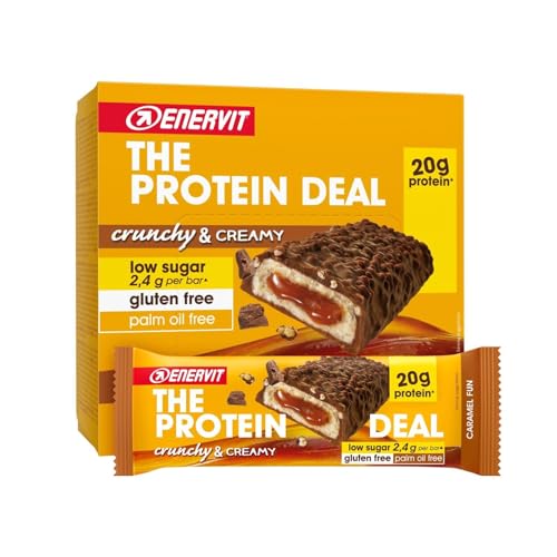 Enervit The Protein Deal Caramel Fun – Proteinriegel, Milchschokoladengeschmack, weiche Karamellfüllung, 20 g Protein, 2,4 g Zucker, süßer und gesunder Snack, Glutenfrei, 12 Riegel à 55 g 1