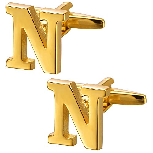A-Z Cufflink for Men, Personalized Initial 26 Letter Cuff Links in Gold Color for Wedding Business Party - N by HAWSON - Used condition - US$8.89
