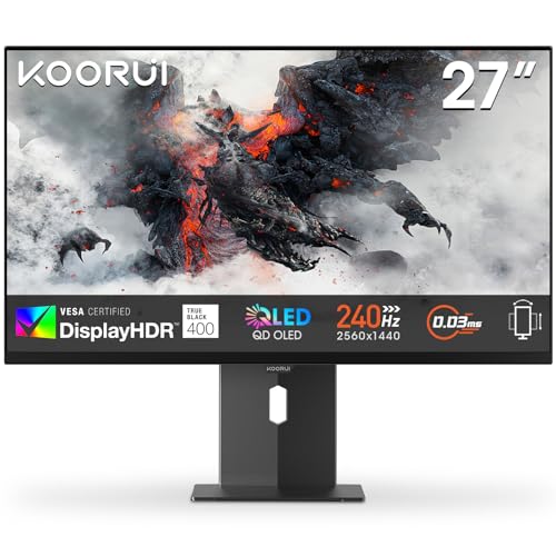 KOORUI S2721XO 27 Pollici Gaming Monitor, QHD 1440p Computer Monitors 2k, QD-OLED, UHD 240Hz, 0.03ms, HDMI(2.0)*2, Sync Adaptive Tecnologia, VESA (75mm*75mm), Eye Care, Inclinazione Regolabile