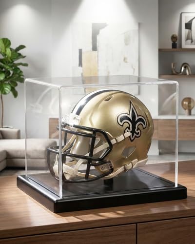 Image of Mini Helmet Display Case with Solid Wood Base - Floating Design Clear Fully Assembled Acrylic Box for 1:2 Scale Football Helmets, Dustproof Memorabilia Showcase (Dark Walnut)