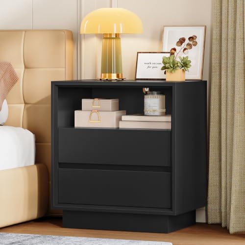 Image of TEENFON Night Stand with 2 Drawers and Open Shelf, Nightstand Bedside Table with Cut-Out Handle, End Table for Bedroom, Black, 17.7″ L x 15.7″ W x 23.6″ H