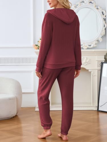 Image of Famulily 2 Pieces Ribbed Knit Outfits Drawstring Hoodies Jogger Pants Matching Pajama Sets with Pockets