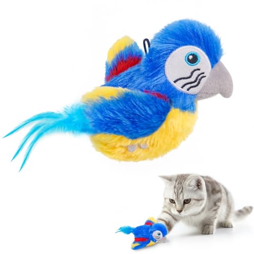 Pawplusee猫のおもちゃ 羽ばたく鳥のおもちゃ 音が出る USB充電式 猫じゃらし またたび付き 一人遊び インタラクティブ猫用電動おもちゃ ブルー