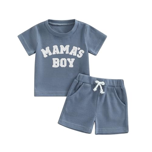 Image of Blotona Embroidery Baby Boy Clothes Summer Short Sleeve Little Dude Print T-Shirt Tops Shorts Set Waffle Knit Outfit