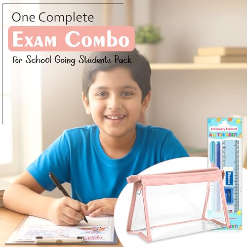 Image of GLUN Pink Transparent Zipper Pouch with inchAll The Best inch Stationery Kit Includes Scale, Pencil, Eraser, Sharpener & Pen Set for School Students