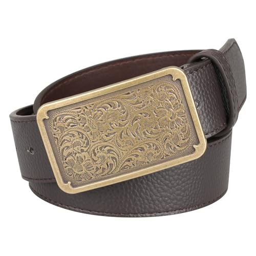 Men Women Leather Belts with Vintage Carved Square Buckle, Western Cowboy Cowgirl Belt for Jeans Pants Dresses Rodeo