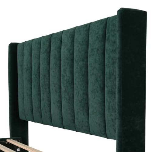 Image of Low Profile Upholstered Platform Bed with Winback Headboard | Bed King Size | Bed Without Storage | Upholstered Beds King Size | Mattress not Included | Green