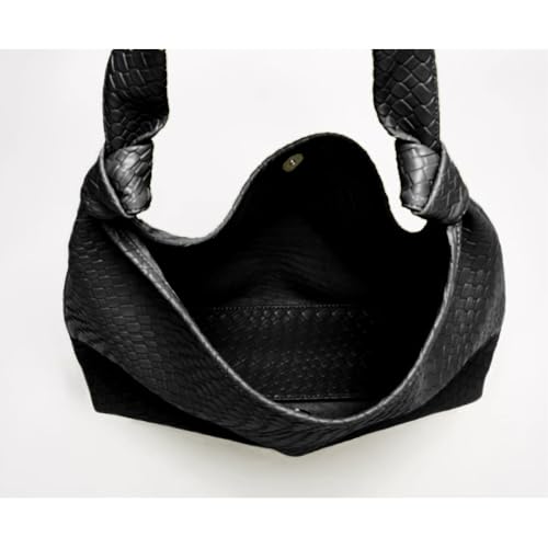 Image of Woven Hobo Bags for Women Soft PU Leather Slouchy Bag Large Capacity Woven Leather Handbag Knotted Handle Slouchy Tote Purses