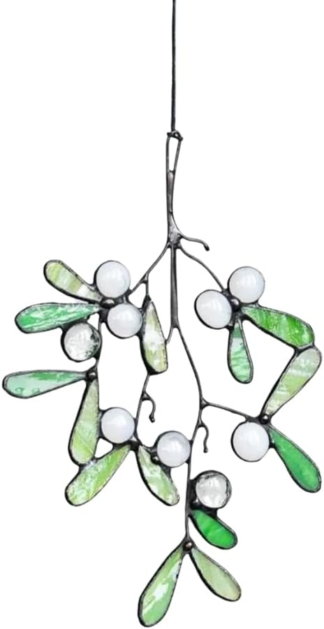 Stain Glass Mistletoe Twig Suncatcher. Mother's Day Gift Idea. Indoor Outdoor Decor. Wall Hanging Panel. Real Glass Art
