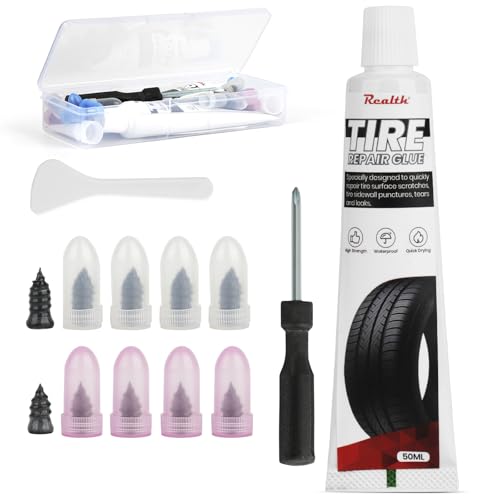 Image of Realth Tire Repair Kit, 50ml Tire Repair Glue, 10 Pcs Tire Repair Screws | Flat Tire Plug Kit for Car, Motorcycle, Truck, ATV, Tractor, RV, SUV & Trailer