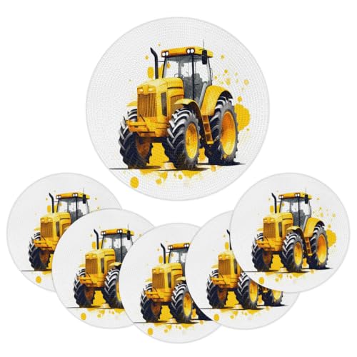 Mintoprints Juego de 6 manteles individuales redondos trenzados amarillos de 15 pulgadas, manteles individuales lavables para mesa de cocina y comedor