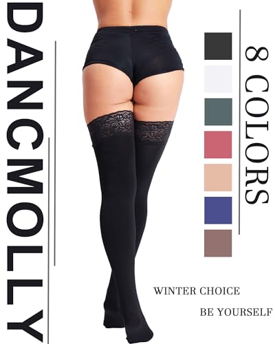 DancMolly Fleece Lined Thigh High Stockings Stay Up Warm Opaque Winter Tights Thermal Lace Top Fleece 8 Colors3