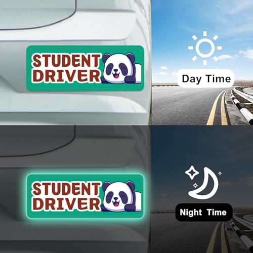Image of Student Driver Please Be Patient Car Magnet, Green Panda Cute Shape, Patient with Reflective Magnetic Bumper Sticker Set Detachable, Novice Safety Signs.Set of 3