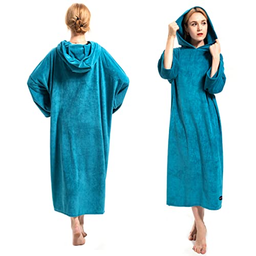 Amazon Brand - Eono Hochabsorbierender Bademantel mit Kapuze für Schwimmen, Strand Warmes, Dickes Poncho Handtuch Morgenmantel für Männer und Frauen (Lake Blue - Dick)