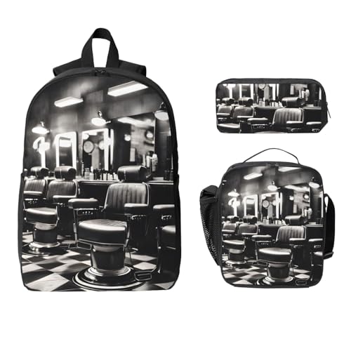 Barber Shop Monochrome Style print Shoulder Bookbags Lunch Bag and Pen Case 17 inches Backpack with Lunch Box, Cute Bookbag Set2