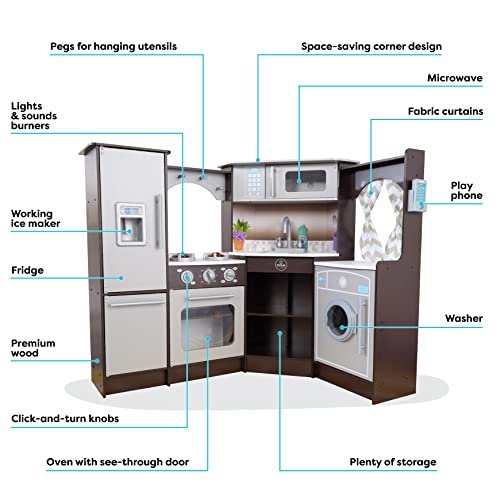 Kidkraft Ultimate Corner Wooden Play Kitchen With Lights & Sounds, Play Phone And Curtains, Espresso, Gift For Ages 3+ #TOP5