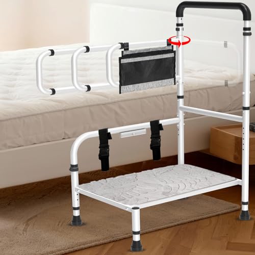 Bed Step Stool for Elderly/High Bed, 360 ° Anti Fall Armrest,Support 800 lbs, 8-Level Adjustable Height, Storage Bag, Memory Sponge Carpet, USB Light, 3 4m Fixed Strap, for Bed Height Below 40″