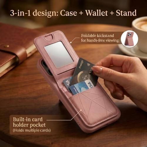 Image of amazon basics Premium Vegan Leather Back Cover with Card Holder and Integrated Mobile Stand for iPhone 16 Pro - Slim Shockproof Wallet Case with Geometric Stitching [Pink]
