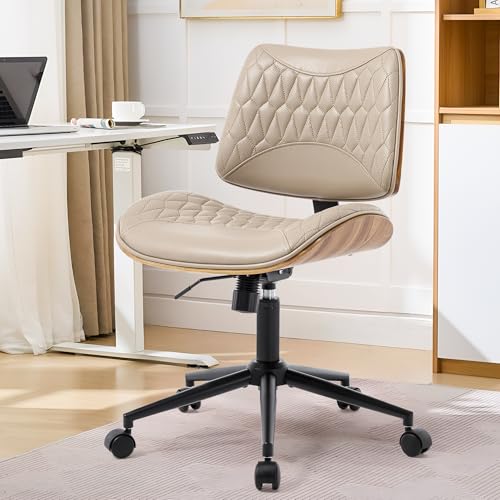 Image of Office Chair No Arms with Wheels, PU Leather Adjustable Height Small Desk Chair, Modern Mid Back Swivel Rolling Armless Computer Task Chair for Home Office, Meeting Room, Study, Khaki