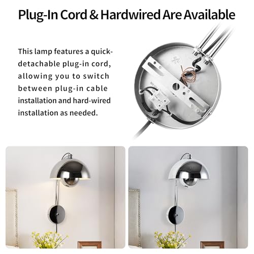 Image of COSYLUX Mid-Century Modern Bud Plug in Wall Sconces, Chrome | Indirect lighting reading wall lamp, all-metal construction, plug-in or hardwired install, fits bedroom bedside, living room