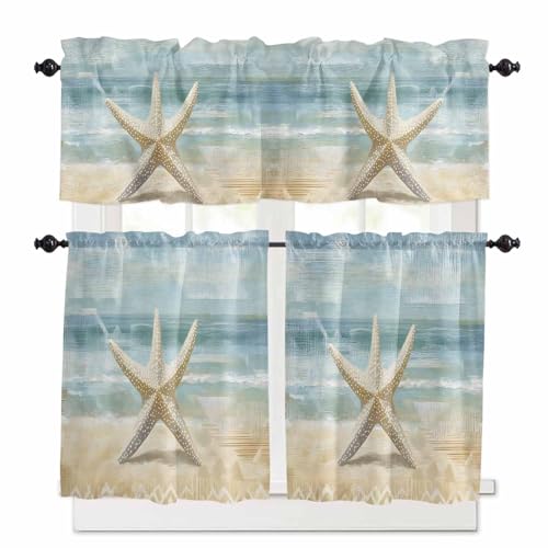 Boho Coastal Beach Kitchen Curtains 24 Inch Length, 3 Piece Rod Pocket Small Half Tiers and Valance Set, Vintage Ocean Wave Starfish Small Large Window Treatment Decor for Bedroom/Bathroom Sink