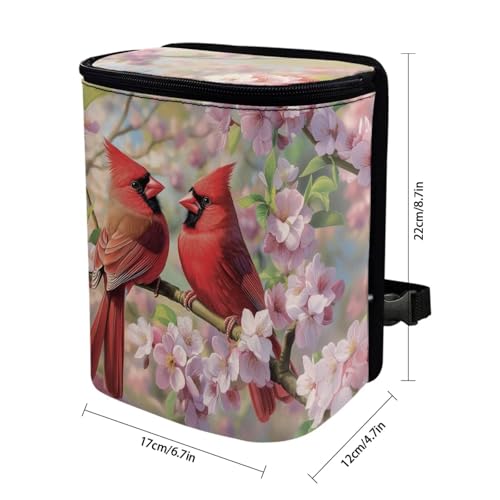 Image of Talayituse Cardinal Cherry Blossom Print Car Trash Bin, Large Size Auto Trash Can Adjustable Portable Garbage Can with Lid, Vehicle Hanging Bag for Headrest Front Back Seat