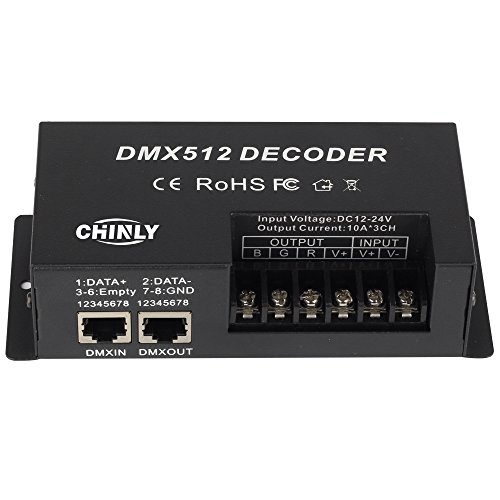 CHINLY 3 Channel DMX 512 LED Decoder Controller 30A RGB DMX dimmer use for DC12-24V RGB LED Strip