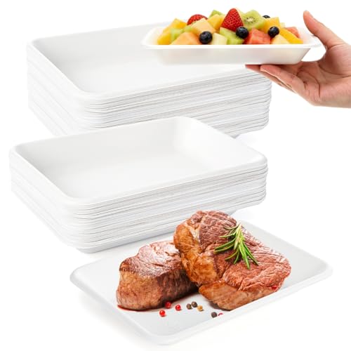 WRINGKIT 100 Piece White Rectangle Plastic Plates 8 Inch Small Supermarket Meat Tray Heavy-Duty Party Dessert Plate Plastic Dinner Plates for Warm And Cold Foods BBQ Grill Roast Food Plate