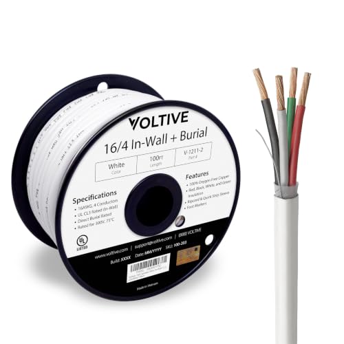 Voltive 16/4 Speaker Wire in-Wall CL3 & Direct Burial White 100ft - 16AWG 4 Conductors Stranded Oxygen-Free Copper UL Listed - V-1211-2