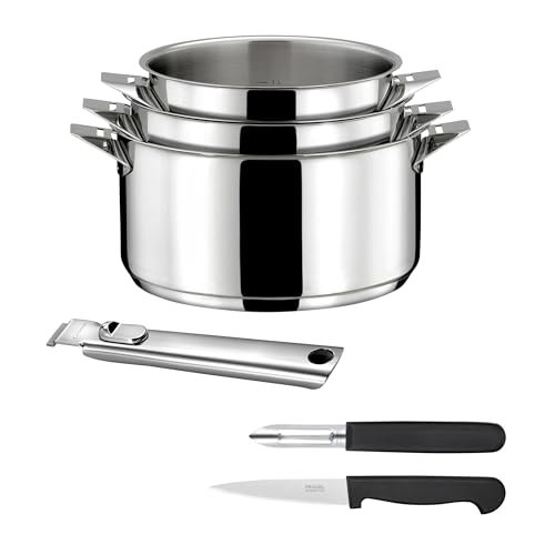 CuisINOX – Eclipse – Juego de cocina y cubiertos – Sartenes de 16/18/20 cm, pelador y cuchillo de oficina – Mango de acero inoxidable – Base encapsulada – Compatible con todo tipo de fuegos, incluida