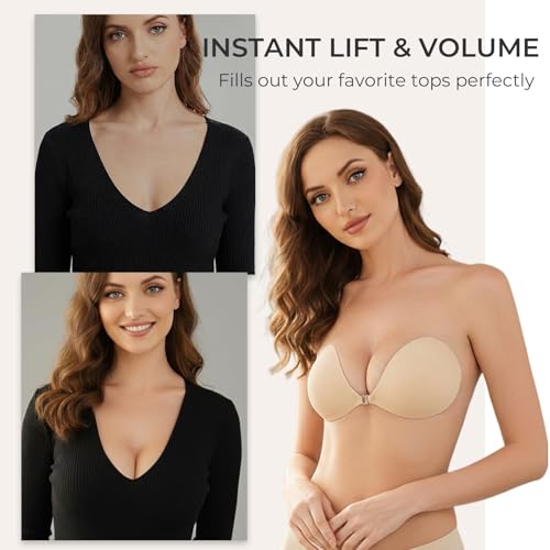 Orgot Sticky Bra, Stick On Bra Push Up For Women, Strapless Reusable Invisible Backless Bra, Self Adhesive Cover For Backless Dress Beige - 4