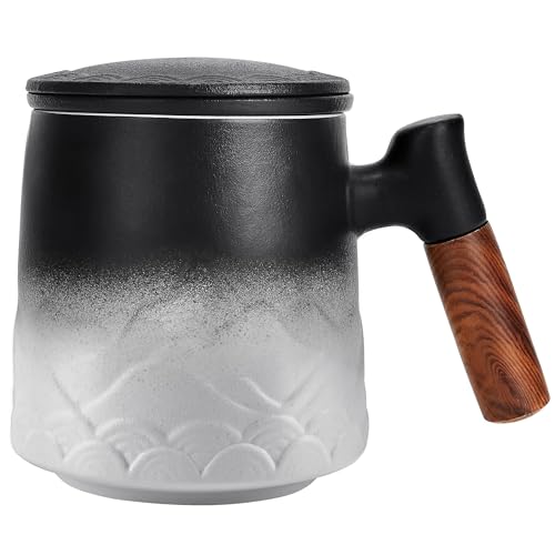 DISDADA Taza de te con Filtro y Tapa Ceramica, Tazas Grande para Infusiones con Asa de Madera para Regalo (Blanco)