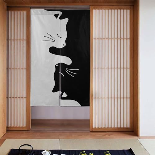 ドアカーテン 白 黒 猫柄 ネコ のれん ドアカーテン 暖簾 間仕切りカーテン シャワーカーテン シャワーカーテン ロング暖簾 遮光ドア 遮熱 目隠し 和風 開運 飾り 飲食店 出入り口 キッチン 玄関用 部屋 洗面所 四季兼用