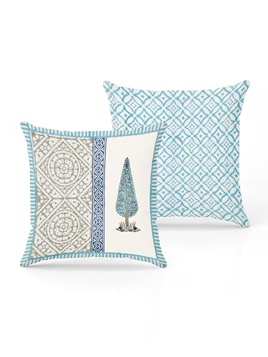 Image of BLOCKS OF INDIA Hand Block Printed Cotton,300 TC Cushion Cover (16 X 16 Inches) (Cushion 6), Blue