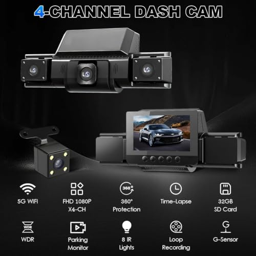 Image of 4 Channel Dash Cam Front and Rear with 360 View for All-Round Protection, 4-Way Recording, Built-in 5G WiFi & GPS, APP Control, 8 IR LEDs, 24H Parking Monitor, G-Sensor, Free TF Card (4CH(32GB))