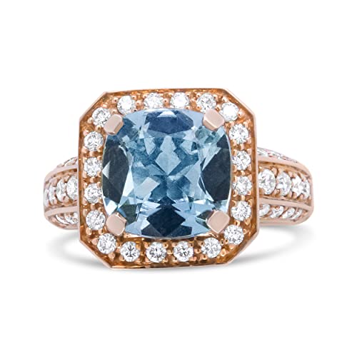 Haus of Brilliance 18K Rose Gold 10x10mm Cushion Shaped Aquamarine and 1 1/8 Cttw Round Diamond Halo Ring (F-G Color, VS1-VS2 Clarity) - Ring Size 6.5
