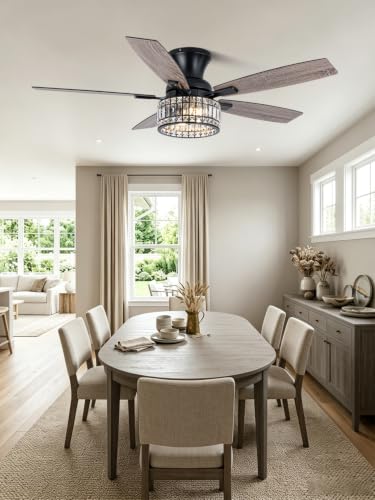 Image of 52 Inch Flush Mount Crystal Ceiling Fan with Lights and Remote | Farmhouse Fandelier Ceiling Fan Rustic Chandelier for Bedroom Living Room, 5 Dual Blades 2 E26 Sockets Reversible 6 Speeds