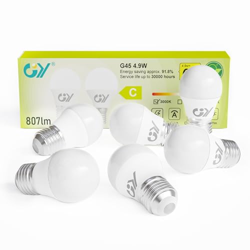 GY 4.9W Bombilla LED E27 Luz Cálida 3000K 807LM (Equivalente a 60W), Bombillas Bajo Consumo G45 Rosca Edison, No Parpadean, No Regulable, 6 Pieza