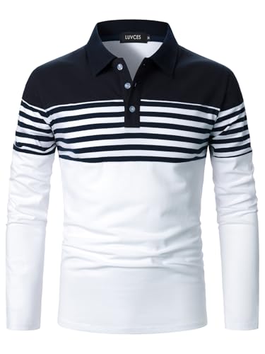 LUVCES Polo Manche Longue Homme Rayés Casual Coupe Ajustée Polo de Golf Couleur Contrastée Coton...