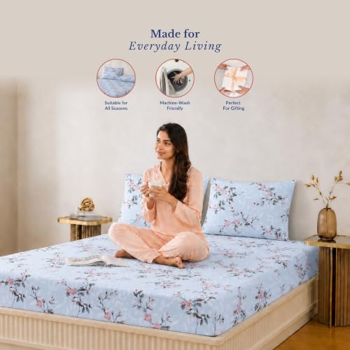 Image of Jaipur Weaves Fitted Bedsheet Queen Size 100% Pure Cotton Bed Sheet with 2 Pillow Covers, 240 TC Premium Bedding Set, 60x78 inches, Super Soft Cozy(Spring Tulips Blue)