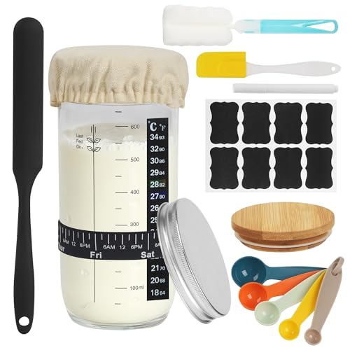 Bocal de Démarrage pour Levain, Kit Boulanger Levain, Accessoire de Cuisson Réutilisable, avec Couvercle en Aluminium, Bande de Température, Toile de Fermentation, Bande d'alimentation Datée (700ML)
